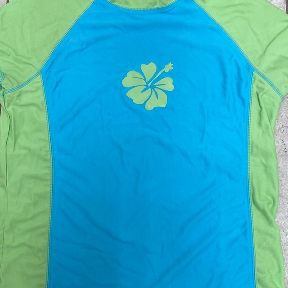 Girls Swim Shirt w Cap Sleeves Blue & Lime Green w/ Hawaiian Flower XL 14/16 - Picture 3 of 5